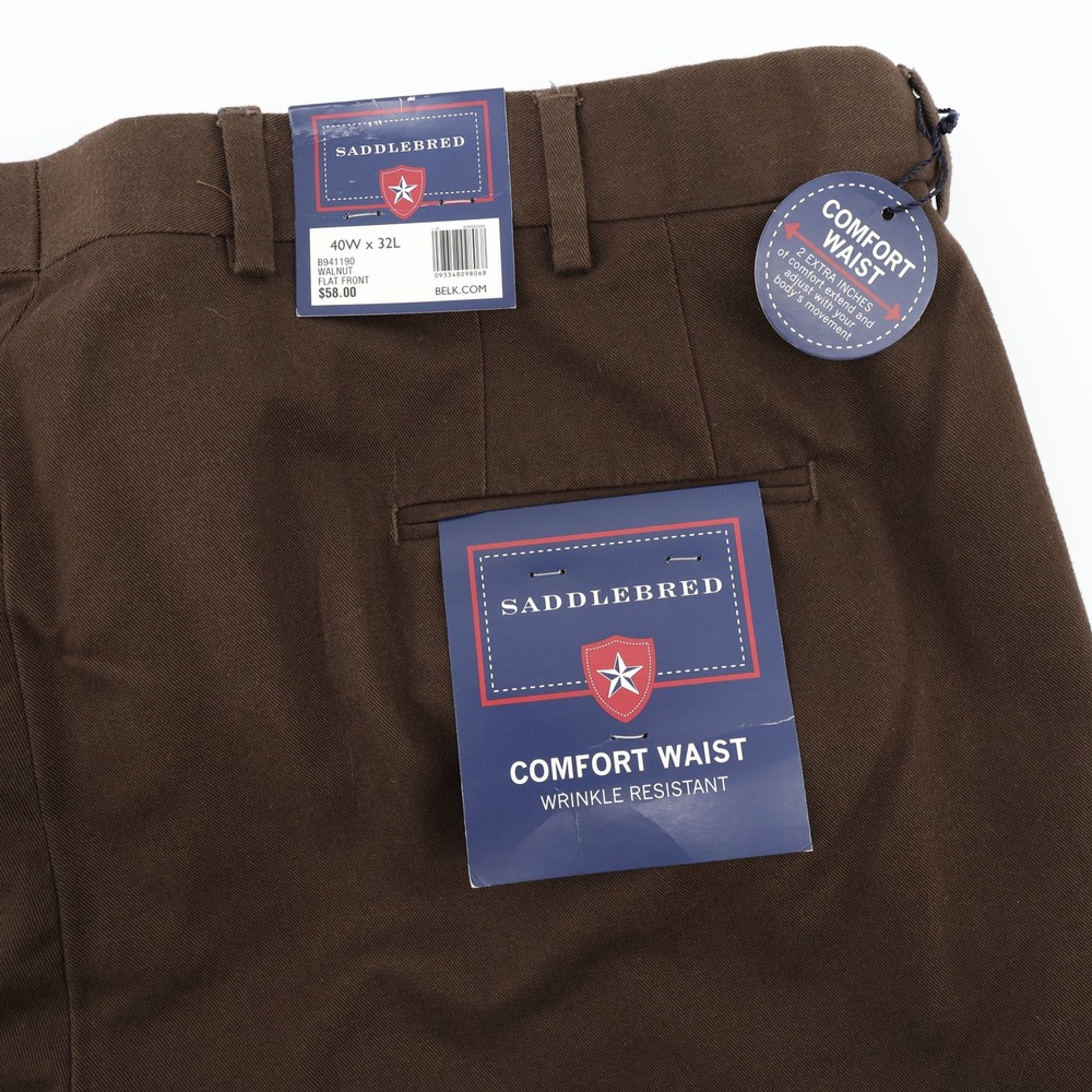 Saddlebred Mens 40x32 Walnut Brown Comfort Waist Wrinkle‎ Resistant Pants